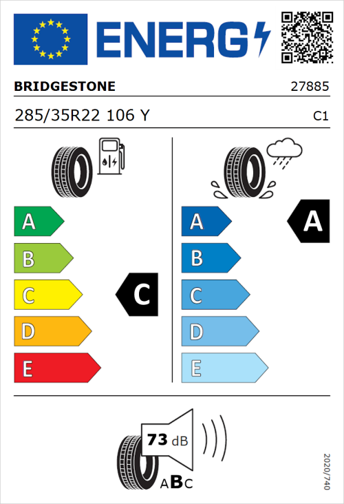 Tyre Label for Bridgestone Potenza Sport 285/35R22 106Y