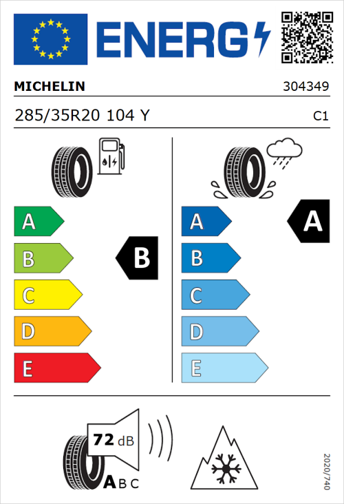 Tyre Label for Michelin CrossClimate 3 285/35R20 104Y
